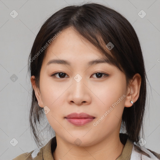 Neutral asian young-adult female with medium  brown hair and brown eyes