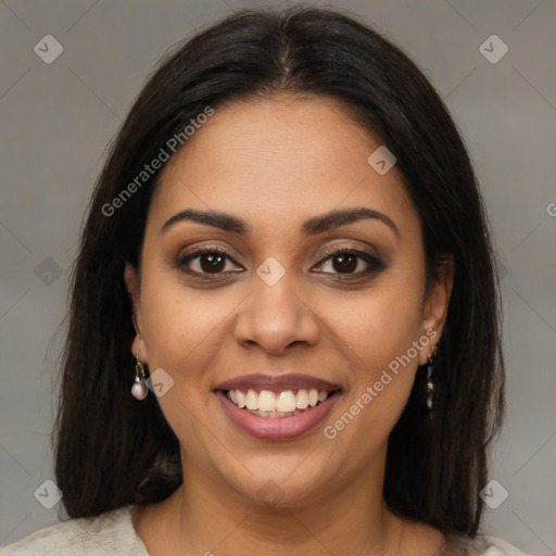 Joyful latino young-adult female with medium  brown hair and brown eyes