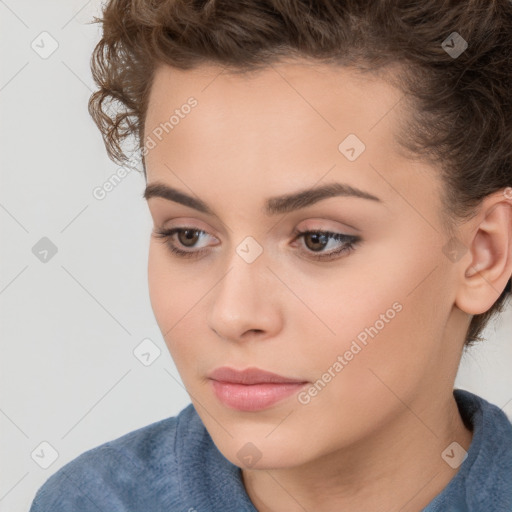 Neutral white young-adult female with short  brown hair and brown eyes