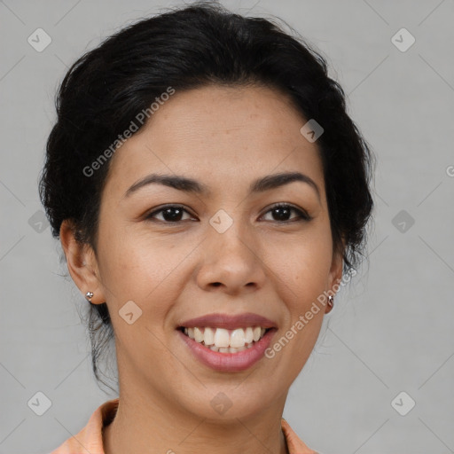 Joyful latino young-adult female with short  brown hair and brown eyes