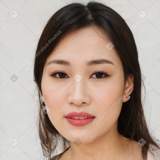 Neutral asian young-adult female with medium  brown hair and brown eyes