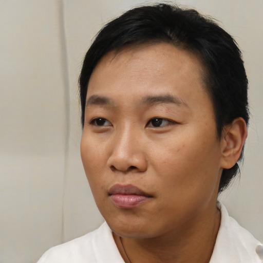Joyful asian young-adult female with short  black hair and brown eyes