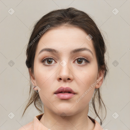 Neutral white young-adult female with medium  brown hair and brown eyes