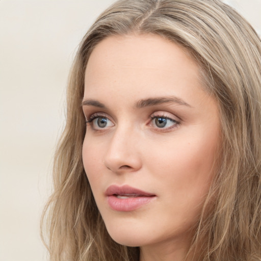 Neutral white young-adult female with long  brown hair and grey eyes