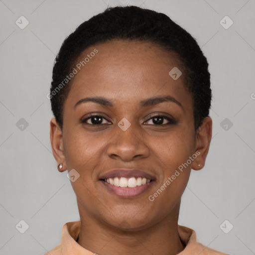 Joyful latino young-adult female with short  black hair and brown eyes