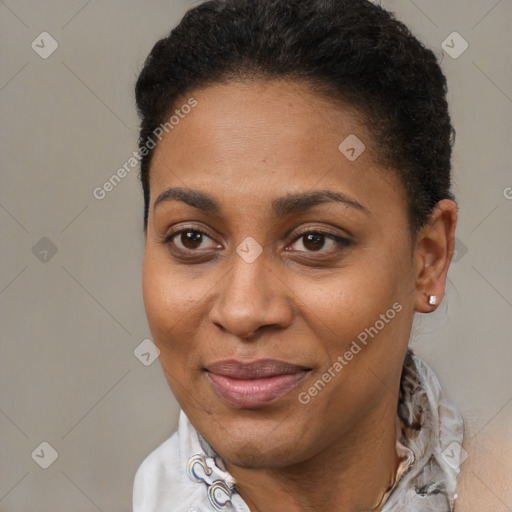 Joyful black young-adult female with short  brown hair and brown eyes