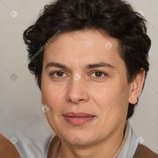 Joyful white adult female with short  brown hair and brown eyes