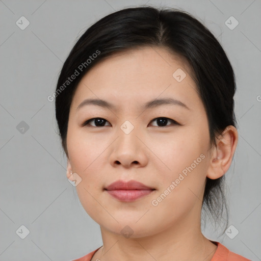 Neutral asian young-adult female with medium  brown hair and brown eyes