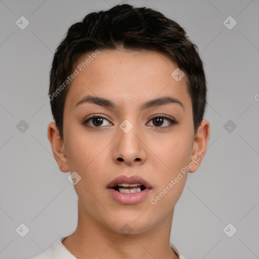 Neutral white young-adult female with short  brown hair and brown eyes