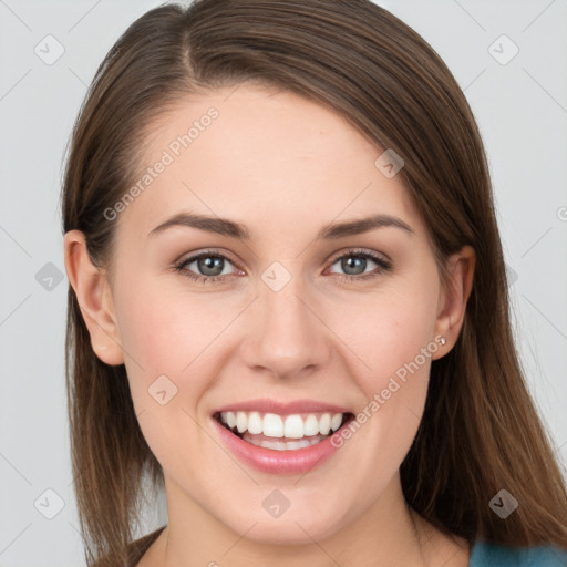 Joyful white young-adult female with long  brown hair and grey eyes