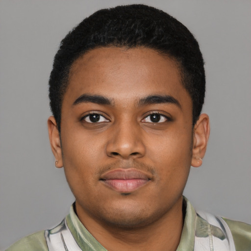 Neutral black young-adult male with short  black hair and brown eyes