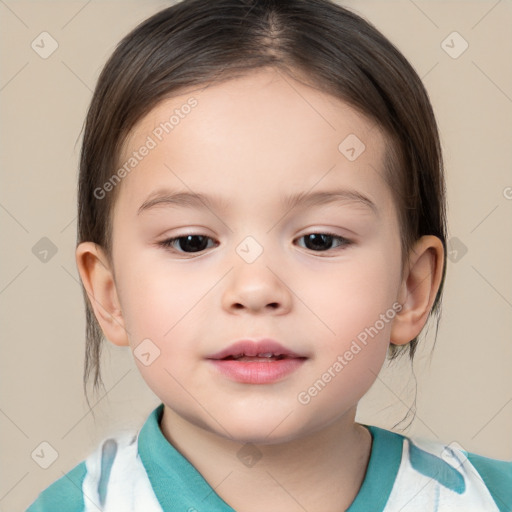 Joyful white child female with medium  brown hair and brown eyes