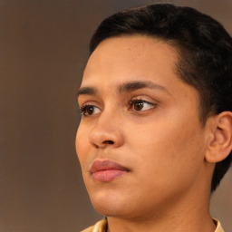 Neutral white young-adult female with short  brown hair and brown eyes