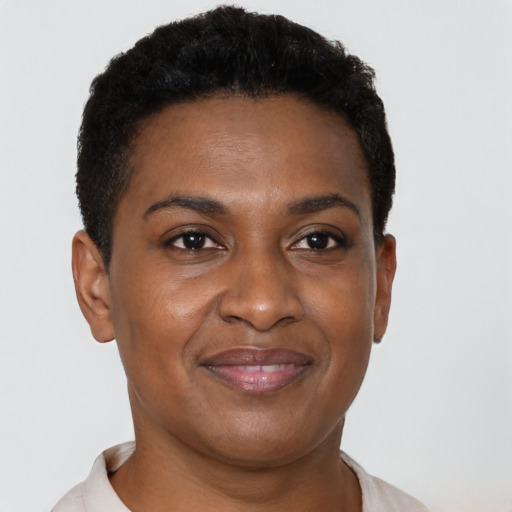 Joyful black young-adult female with short  brown hair and brown eyes