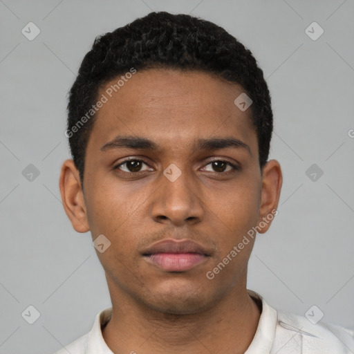 Neutral black young-adult male with short  black hair and brown eyes