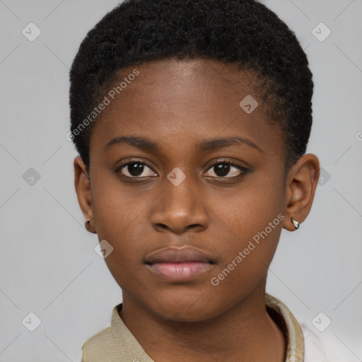 Neutral black young-adult female with short  brown hair and brown eyes