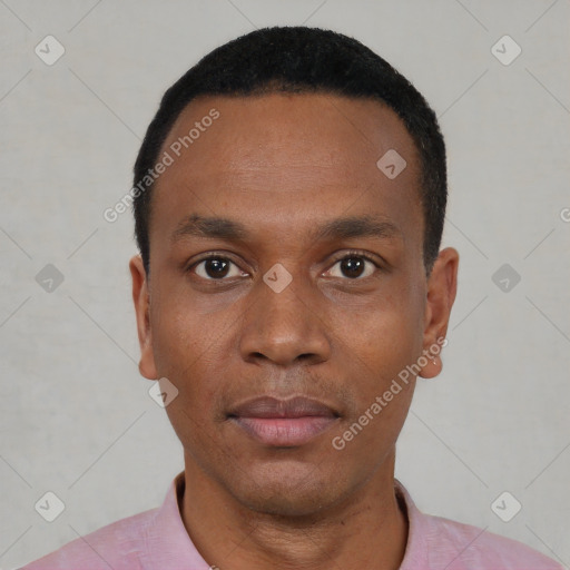 Neutral black young-adult male with short  black hair and brown eyes