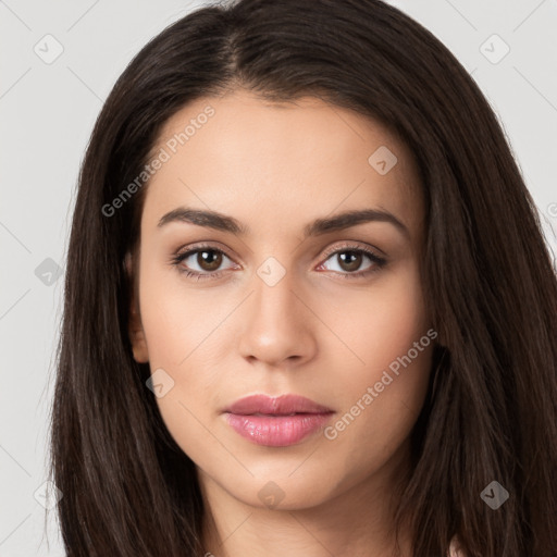 Neutral white young-adult female with long  brown hair and brown eyes