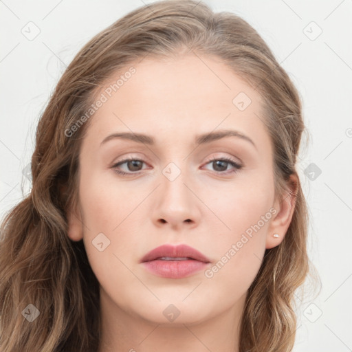 Neutral white young-adult female with long  brown hair and grey eyes