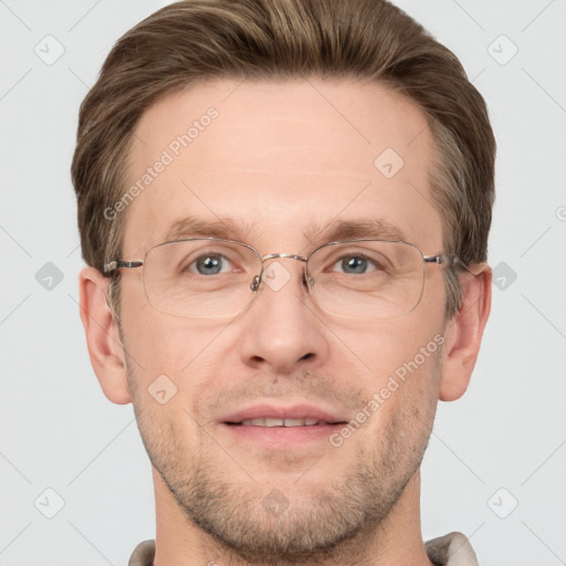 Joyful white adult male with short  brown hair and grey eyes