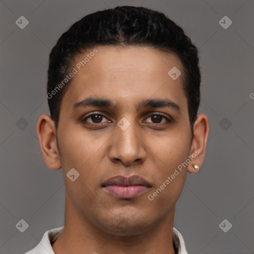 Joyful latino young-adult male with short  brown hair and brown eyes