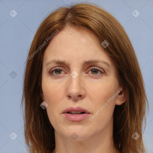 Neutral white young-adult female with long  brown hair and brown eyes