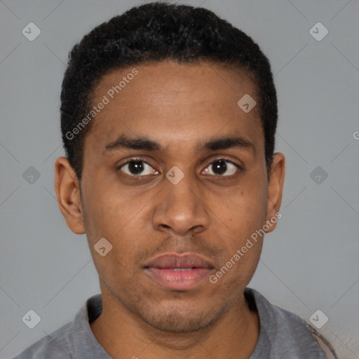 Neutral latino young-adult male with short  brown hair and brown eyes