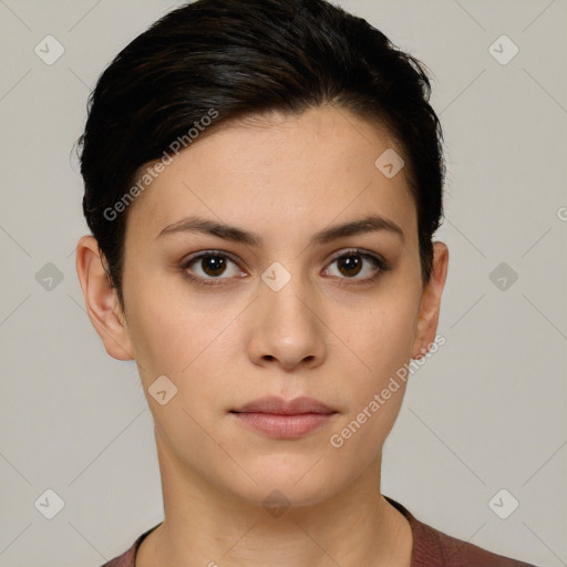 Neutral white young-adult female with short  brown hair and brown eyes