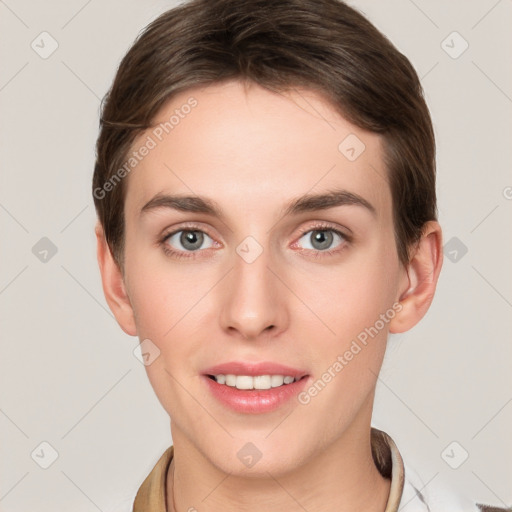 Joyful white young-adult female with short  brown hair and grey eyes