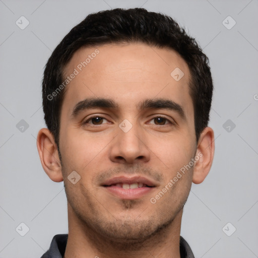 Neutral white young-adult male with short  brown hair and brown eyes