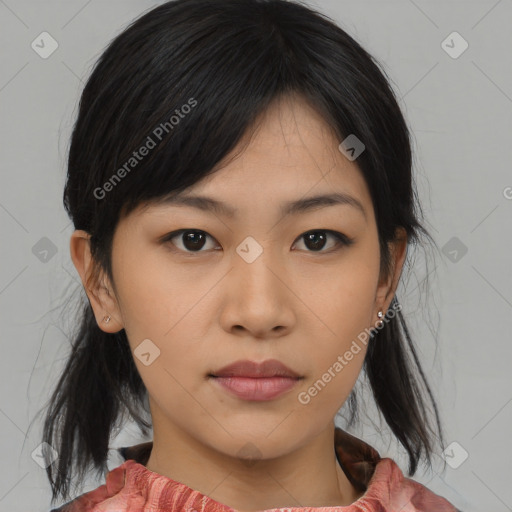 Neutral asian young-adult female with medium  black hair and brown eyes