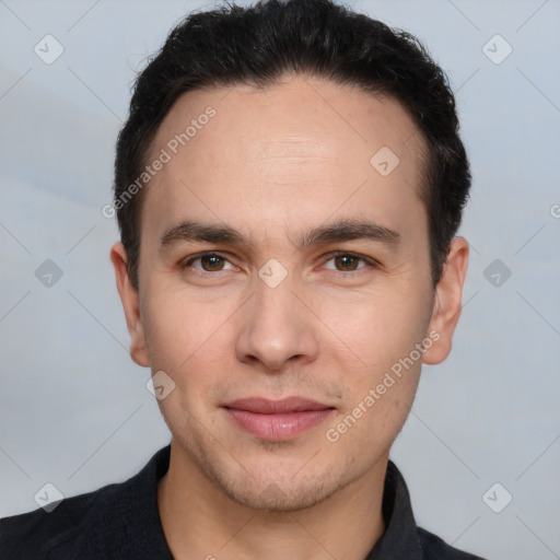 Joyful white young-adult male with short  brown hair and brown eyes