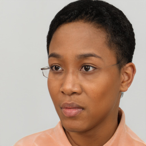 Neutral black young-adult female with short  black hair and brown eyes