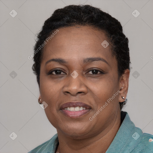 Joyful black young-adult female with short  brown hair and brown eyes