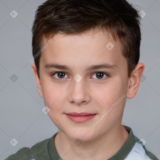 Joyful white child male with short  brown hair and brown eyes