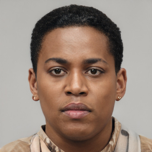 Neutral latino young-adult female with short  black hair and brown eyes