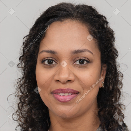 Joyful latino young-adult female with long  brown hair and brown eyes