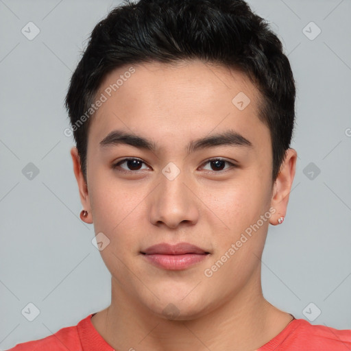 Neutral asian young-adult male with short  brown hair and brown eyes