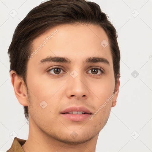 Neutral white young-adult male with short  brown hair and brown eyes