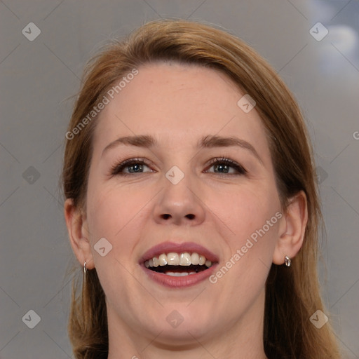 Joyful white young-adult female with medium  brown hair and grey eyes