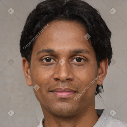 Neutral latino young-adult male with short  brown hair and brown eyes