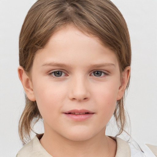 Neutral white child female with medium  brown hair and grey eyes