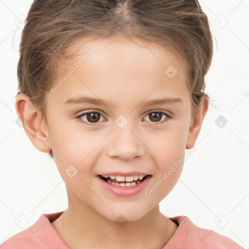 Joyful white child female with short  brown hair and brown eyes