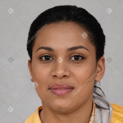 Joyful latino young-adult female with short  black hair and brown eyes