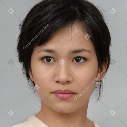 Neutral asian young-adult female with medium  brown hair and brown eyes