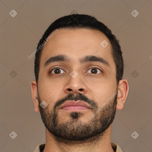 Neutral latino young-adult male with short  black hair and brown eyes