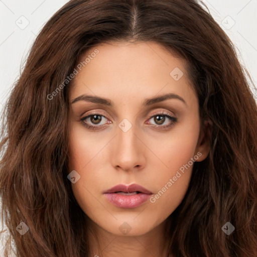 Neutral white young-adult female with long  brown hair and brown eyes