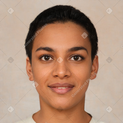 Joyful latino young-adult female with short  black hair and brown eyes