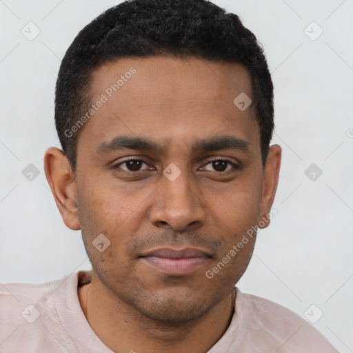 Neutral latino young-adult male with short  brown hair and brown eyes