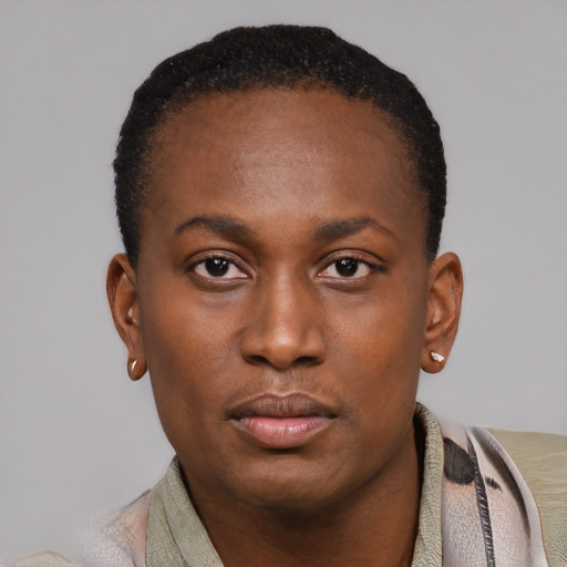 Neutral black young-adult female with short  black hair and brown eyes
